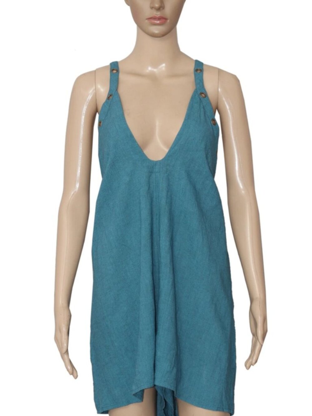 Anthropologie Studded Criss Cross Back Linen Sleeveless Tie Knot Teal Romper S